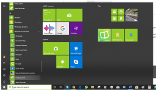 Windows Start menu open with cursor hovering over Windows Accessories folder, showing Snipping Tool as an option.
