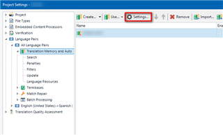Trados Studio Project Settings window showing the navigation path to access Translation Memory settings via All Language Pairs.