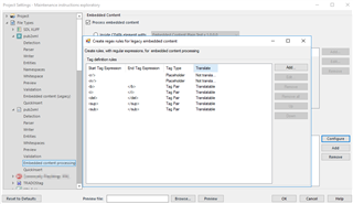 Trados Studio error message dialog showing 'Length cannot be less than zero. Parameter name: length' with embedded content processor settings in the background.