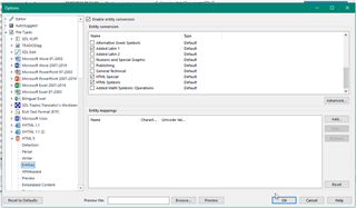 Trados Studio options window with 'Entity conversion' checkbox unchecked, indicating entities will not be converted in the Editor.