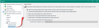Trados Studio options menu with Measurements settings highlighted, showing options for number and unit recognition.