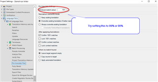 Trados Studio screenshot showing the 'Minimum match value' setting circled in red with a suggestion to try setting it to 50% or 60%.