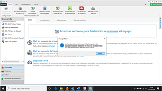 Error message in Trados Studio indicating 'An error occurred while trying to open the project. The project file may be corrupted.' with an OK button.