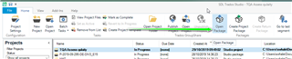 Trados Studio screenshot showing the Projects view with a highlighted project named '76_Marketing_pptx' indicating a long file path with special characters.