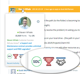 Screenshot of a Trados Studio user interface showing a conversation between Scott McPherson and Steven Whale, with an emphasis on verifying SDL team members through the green SDL logo.