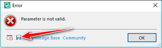 Error dialog box in Trados Studio with a red X icon, displaying the message 'Parameter is not valid.' and an arrow pointing to a disk symbol to save the error.