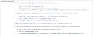 Screenshot of Trados Studio help document detailing methods to apply translation results using keyboard shortcuts.