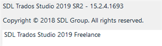 Screenshot of Trados Studio 2019 SR2 version details showing version number 15.2.4.1693 and copyright information.