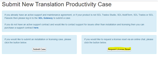 Screenshot of the 'Submit New Translation Productivity Case' page with options to 'Submit Case' or 'Request License Reset'.