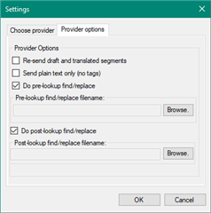 Trados Studio settings dialog box with options for provider settings including pre-send draft, send plain text, pre-lookup findreplace, and post-lookup findreplace.