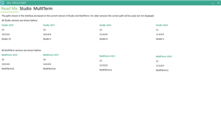 Screenshot of Trados Studio MultiTerm showing a list of versions with a red error message at the top indicating that all software drivers are installed but the current path is not displayed.