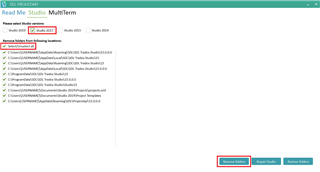 Trados Studio repair screen with options to select all, remove folders, and repair studio. 'Remove folders' and 'Repair Studio' buttons are highlighted.