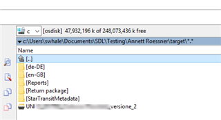 Screenshot of a Windows file explorer window with folders named de-DE, en-GB, Return package, and StarTransitMetaData inside the SDLTestingAnnett Roessner target directory.