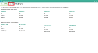 Trados Studio screen showing a list of Studio versions from Studio 2009 to Studio 2021 with corresponding MultiTerm versions. No errors or warnings visible.