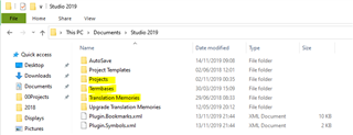 Screenshot of Trados Studio 2019 file directory showing folders such as Projects, Project Templates, and Translation Memories.