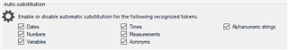 Trados Studio Auto-substitution settings with options for Dates, Numbers, Variables, Times, Measurements, Acronyms, and Alphanumeric strings, all unchecked.