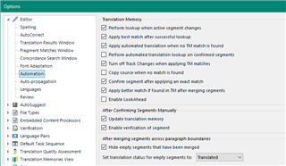 Screenshot of Trados Studio options menu with Translation Memory and Automated Translation settings, highlighting options such as 'Apply best match when no exact match found'.