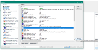 Trados Studio screenshot showing the File Types settings under File> Options. A list of file types is displayed with one highlighted and the 'Move Up' button is visible.
