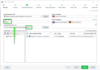 Trados Studio 'Create a New Project' window with 'Project Name' field highlighted, indicating the need to match the location path.