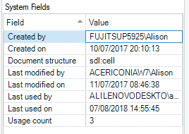 Screenshot displaying Trados Studio System Fields with different Last modified by as ACERICONIAW7Alison on 11072017 08:46:38 and Last used by as ALIENOVODESKTOa on 07082018 14:55:45.