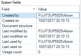 Screenshot showing Trados Studio System Fields with identical Created by, Created on, Last modified by, Last modified on, Last used by, and Last used on values as FUJITSUP5925Alison on 10072017 20:10:13.
