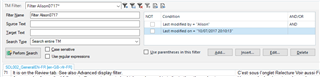 Screenshot of Trados Studio TM search filter options with fields for File Name, File Type, Source Text, Target Text, and options to include Created by 'Alison' and Last modified on '10072017'.