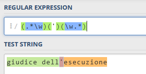 Screenshot of Trados Studio showing a regular expression search for an apostrophe within a word, highlighting the term 'dell'esecuzione'.