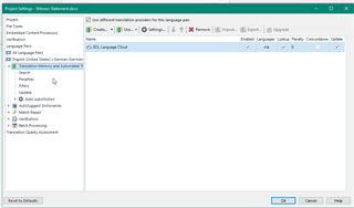 Trados Studio Project Settings window showing SDL Language Cloud selected as the translation memory and automated translation provider.