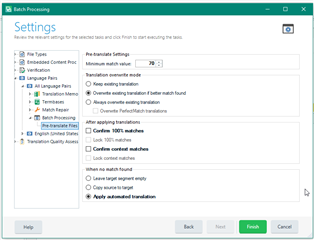 Batch Processing Settings window in Trados Studio with options for pre-translate settings, confirm 100% matches, and apply automated translation.