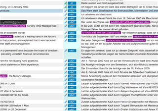 Trados Studio translation editor with a German to English document, showing segment status, match percentages, and source-target text comparison.