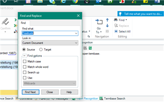 Trados Studio Find and Replace window overlaid on Microsoft Word's Find feature, with no search term entered and no errors visible.