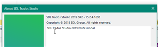 About SDL Trados Studio dialog box showing version number 2019 - 15.2.4.1693 with no visible errors.