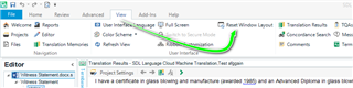 Trados Studio interface highlighting the 'Reset Window Layout' option in the View tab with no errors or warnings displayed.