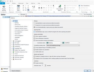 Trados Studio Editor window showing Options menu with various settings like AutoSave, Spell Checking, and Automated Actions.