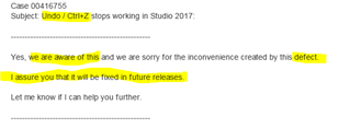 Email excerpt from SDL Support assuring the defect with the undo function is known and will be fixed in future releases.
