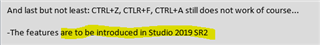 Screenshot of a document stating that features including CTRL+Z, CTRL+F, and CTRL+A are to be introduced in Trados Studio 2019 SR2.