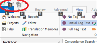 Screenshot of Trados Studio interface highlighting inactive UNDO button in the toolbar, with red circles around the button and the 'Alt' key indicator.