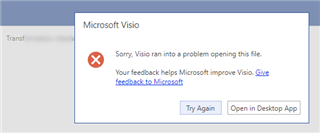 Error message in Microsoft Visio stating 'Sorry, Visio ran into a problem opening this file.' with options to 'Try Again' or 'Open in Desktop App'.