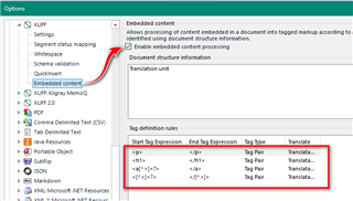 Trados Studio options menu highlighting the embedded content filter settings for XLIFF file type.