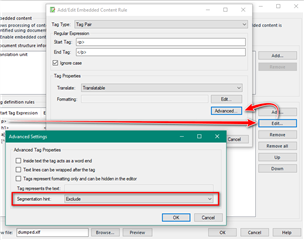 Dialog box in Trados Studio showing advanced settings for embedded content processor with 'Exclude' option selected.