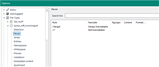 Trados Studio parser options menu showing a rule set to 'Always Translate' content.