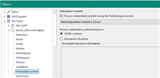 Trados Studio embedded content options menu with HTML embedded content processor selected.