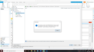 Screenshot of Trados Studio with an 'Information' pop-up window displaying the message: 'An error occurred while adding a translation memory or machine translation service. Please verify that the server is available and that your user credentials are correct.'