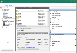 Screenshot of Trados Studio's Event Viewer showing a list of warnings and errors, including a Service Control Manager error with event ID 7031.