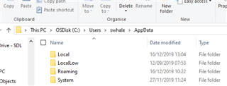 File Explorer window showing AppData folder contents with subfolders: Local, LocalLow, Roaming, and System.