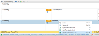 Trados Studio Editor showing a right-click context menu with options including Copy, Concordance Search, and Delete Translation Unit.