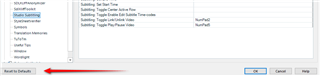 Screenshot of Trados Studio's settings window with a focus on the 'Reset to Default' button, indicated by a red arrow, for resetting keyboard shortcuts for the subtitling plugin.