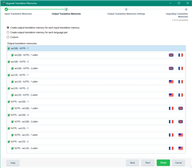 Trados Studio screenshot showing the 'Upgrade Translation Memories' window with 8 TMs listed and the option selected to create an output translation memory for each language pair.