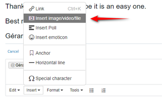 Dropdown menu with 'Insert imagevideofile' option highlighted and an arrow pointing towards it.