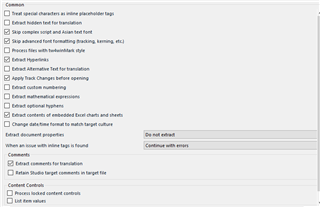 Trados Studio project settings window showing options such as 'Skip special characters and inline placeholder tags', 'Treat hidden text for translation', and 'Continue with errors' checkbox checked.